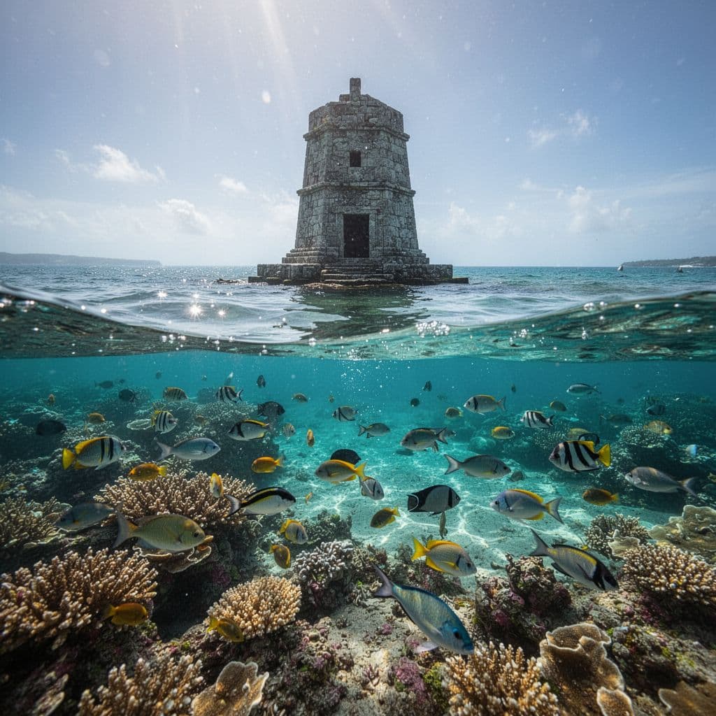 Vibrant coral reefs flourish beneath the crystal clear surface of Kealakekua Bay as tropical fish swim past. The distant Captain Cook monument stands prominently above the water line in bright daylight.