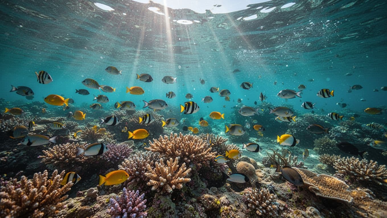 Tropical fish swim above a colorful coral reef in clear turquoise water.