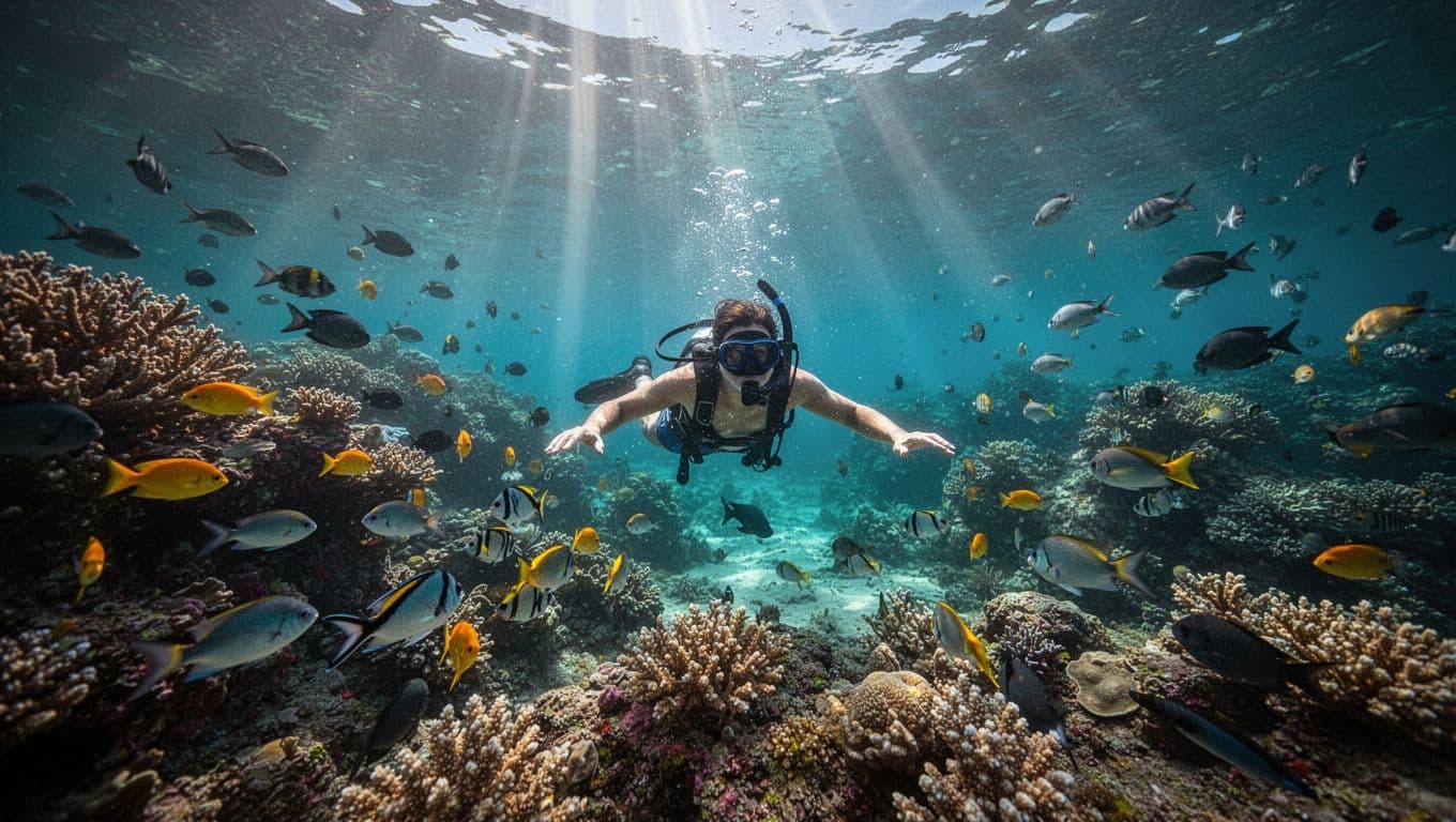 Schools of fish swim over a bright coral reef in the clear water of Kealakekua Bay.