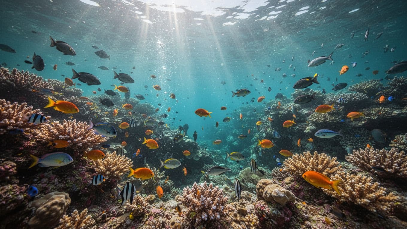 Colorful coral and tropical fish glow beneath cyan water in Kealakekua Bay.
