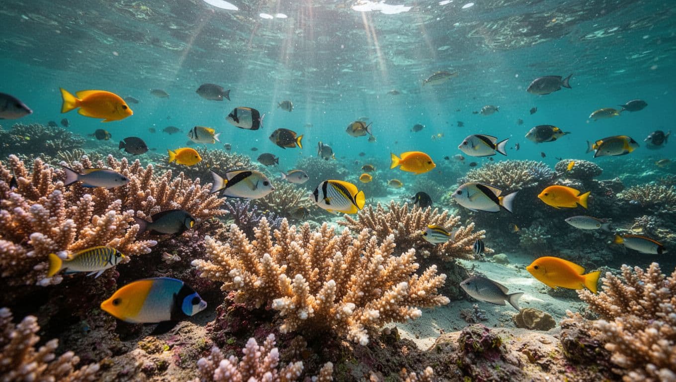 Colorful tropical fish swim above a coral reef in clear blue water.