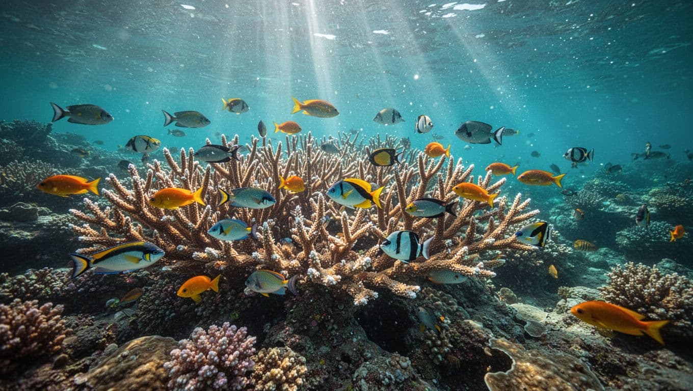 Colorful fish swim above a sunlit coral reef in clear turquoise water.