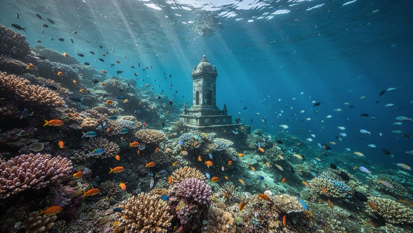 Sunlight penetrates the clear ocean surface, illuminating a steep, jagged reef slope teeming with vibrant coral formations and tiny tropical fish as the terrain drops sharply into the deep blue.