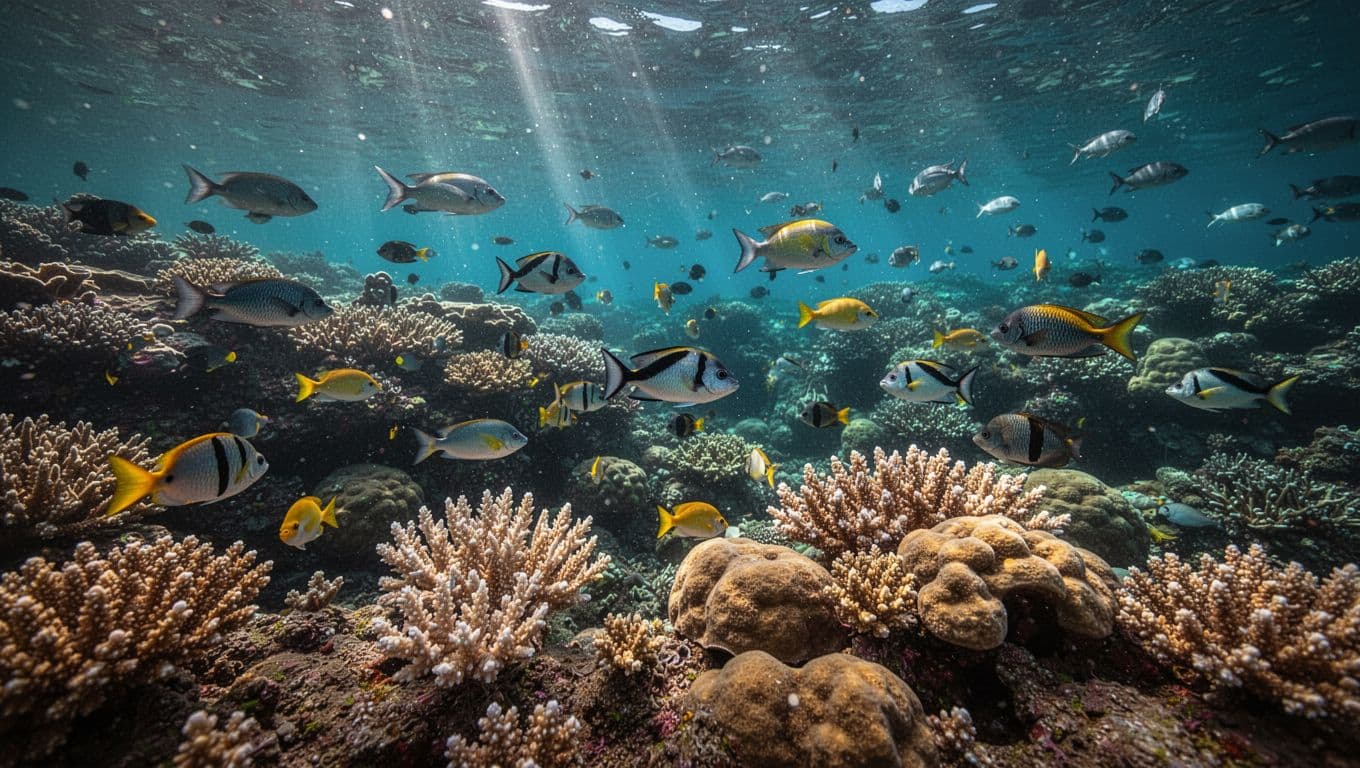 Colorful corals and tropical fish fill the clear waters of Kealakekua Bay.