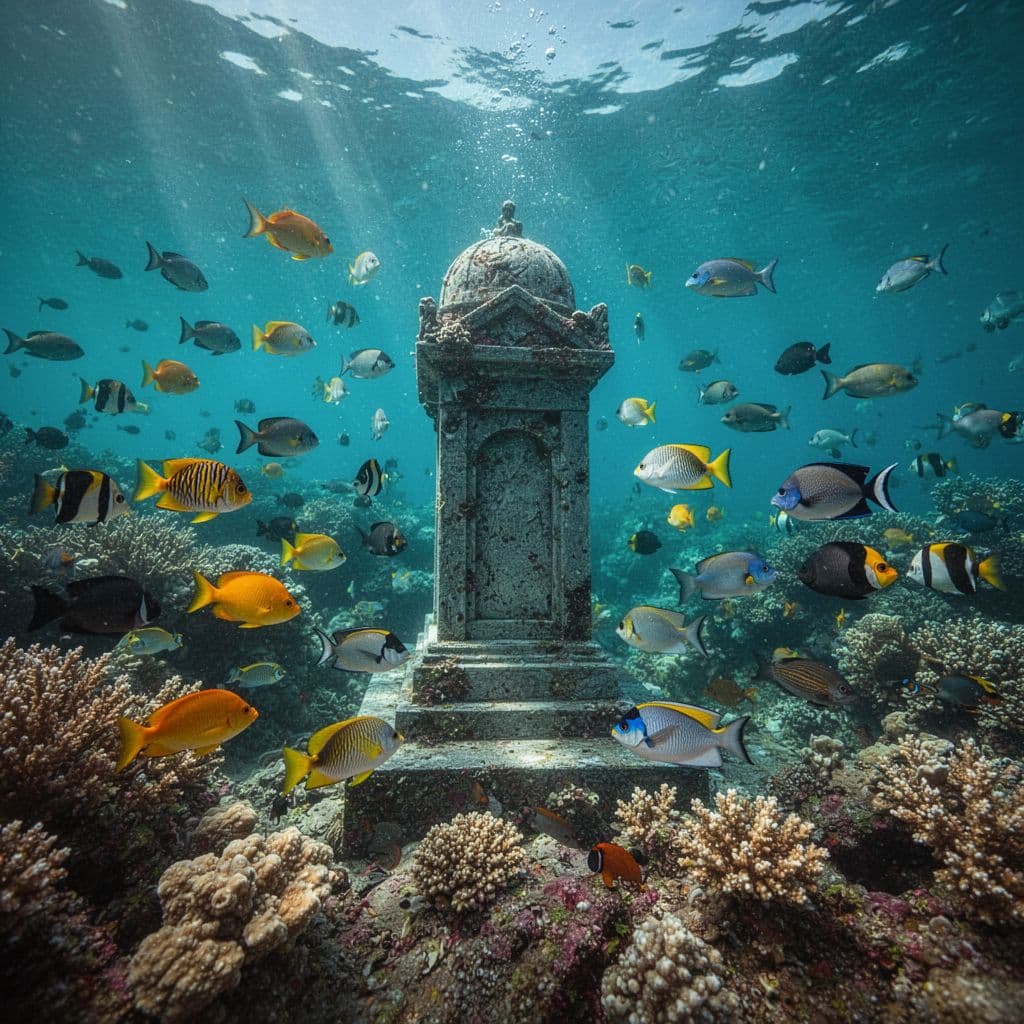 Vibrant tropical fish swim through a dense, colorful coral reef beneath the crystalline turquoise surface of the bay. Golden sunlight filters down through the clear water, casting dramatic deep-sea shadows.