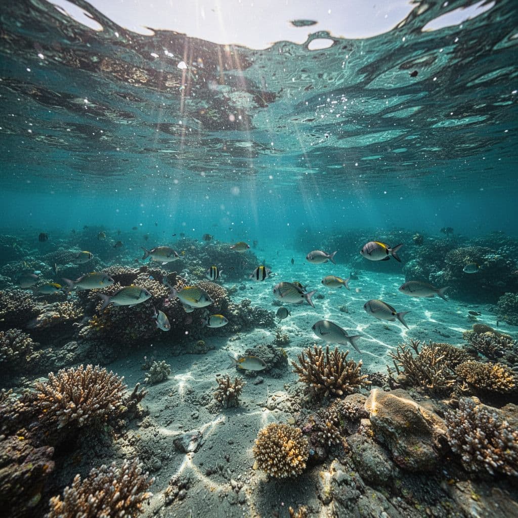 Sunlight streams into the clear turquoise water of a Hawaiian bay, illuminating vibrant coral reefs below. Tiny tropical fish dart through the shadows as light rays dance across the seafloor.