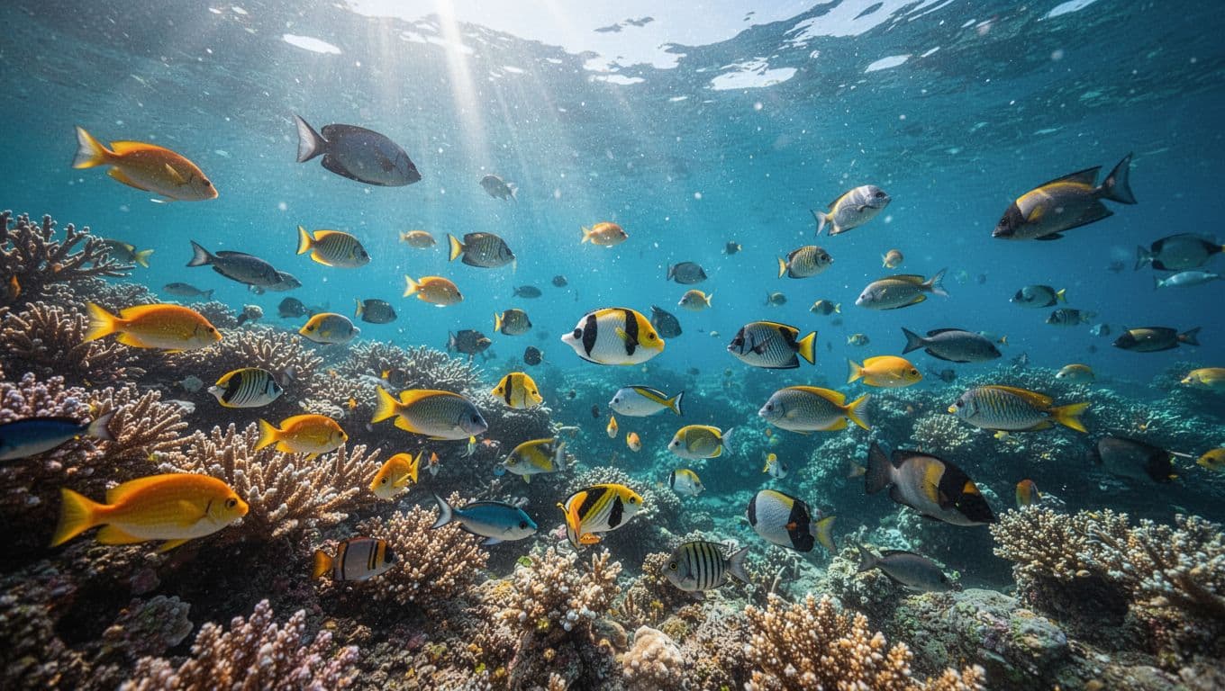 Colorful tropical fish swim above a bright coral reef in clear blue water.