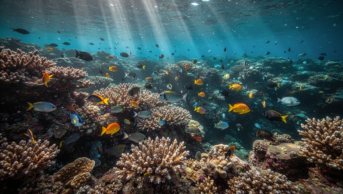 Sunlight streams through the turquoise water, illuminating intricate coral formations and schools of tropical fish swimming through the vibrant reef ecosystem beneath the surface of the Pacific Ocean.