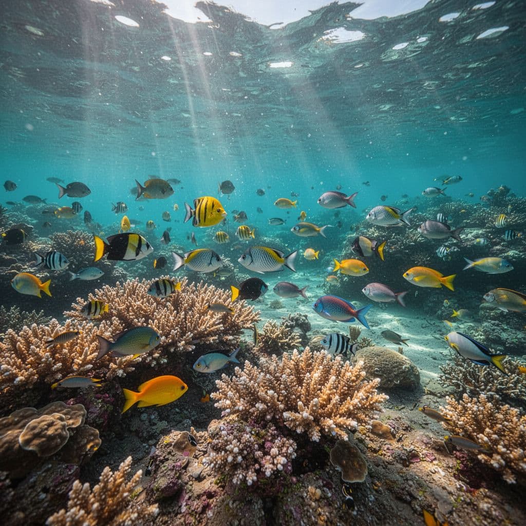Sunlight streams into the shallow, turquoise waters of a protected bay, illuminating a sprawling coral reef filled with schools of vibrant yellow and orange tropical fish swimming near the sea floor.