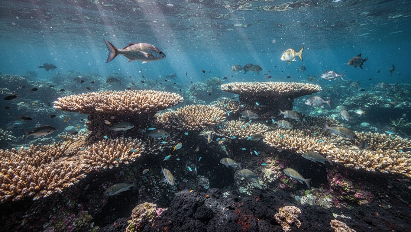 Fish occupy different spaces around coral heads and rocky reef ledges in clear blue water.