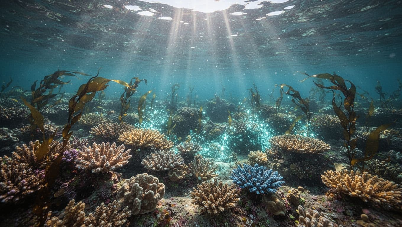 Sunlight filters through clear water above a colorful coral reef.