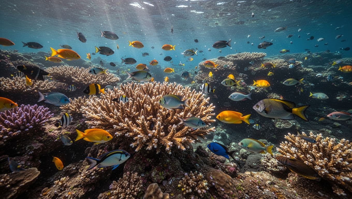 Tropical fish swim among corals underwater in Kealakekua Bay.