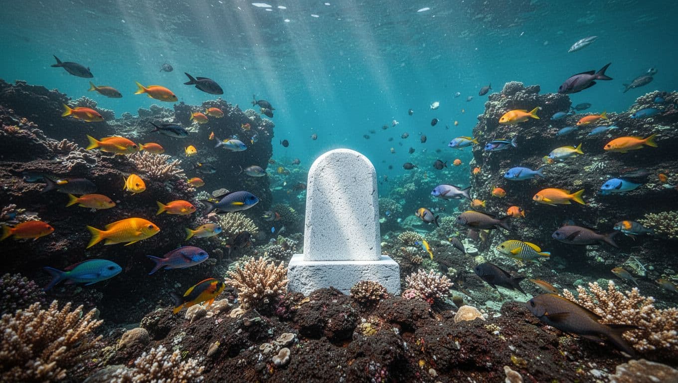 Schools of tropical fish swim near coral reefs, lava rocks, and distant Captain Cook monument in clear turquoise water with sunlight shafts.