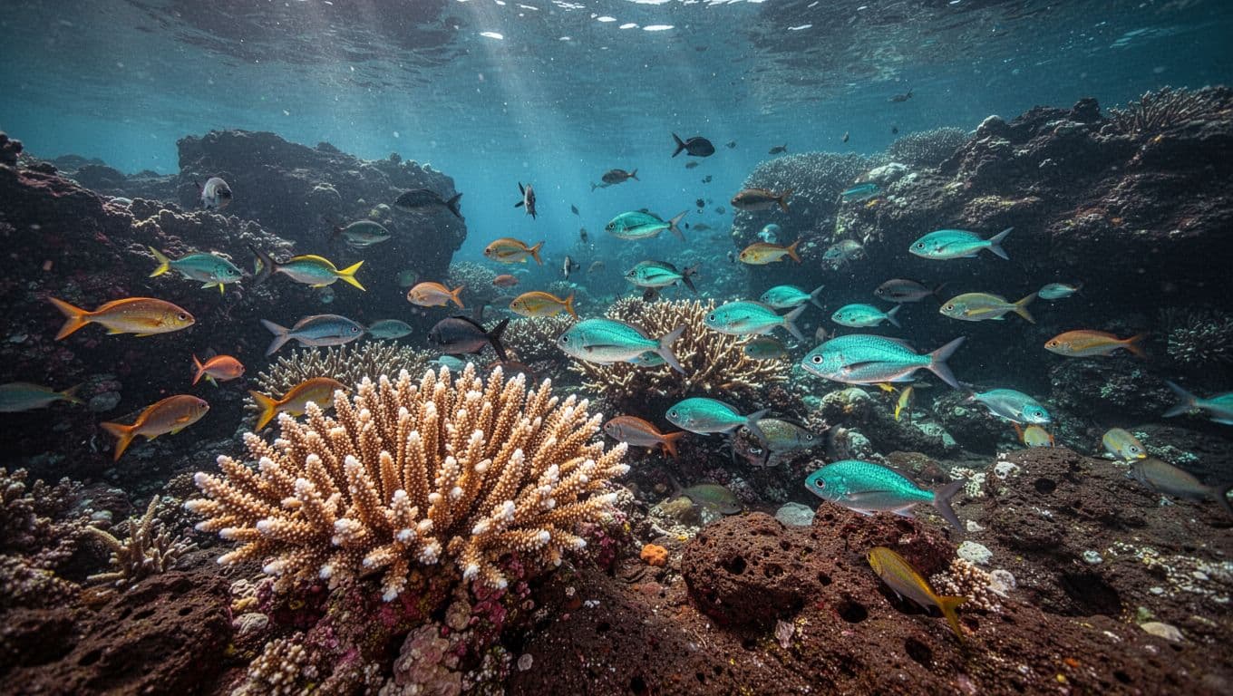 Diverse coral reef ecosystem in Kealakekua Bay featuring colorful fish schooling around branching corals and lava rocks at 5-25 feet depths, with sunlight filtering through clear water creating blue hues and dramatic cinematic lighting.