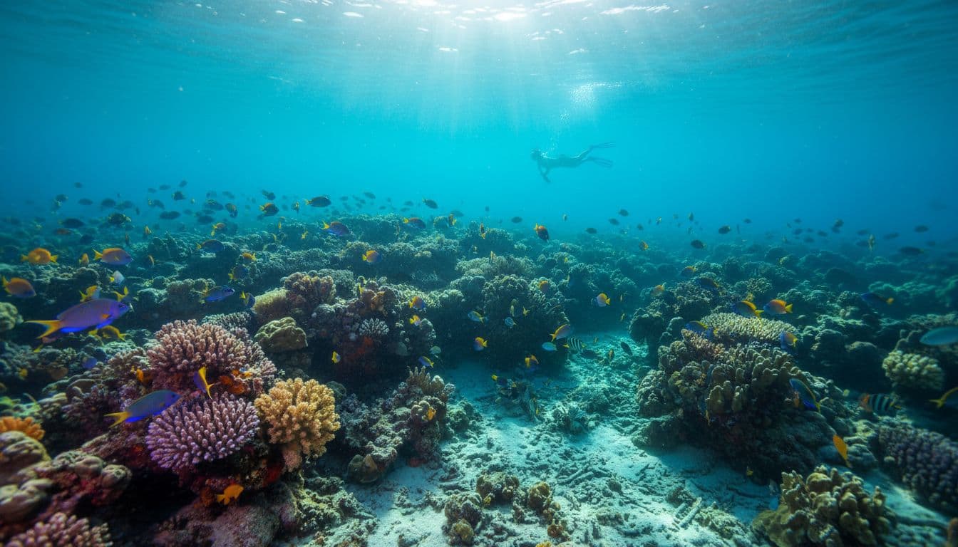 Colorful fish schools surround healthy corals in Kealakekua Bay as distant snorkeler observes through sunlit turquoise water.