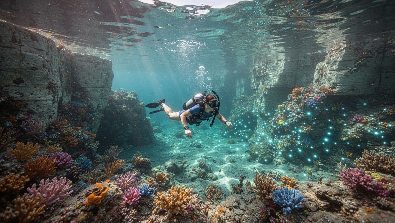 A snorkeler explores colorful coral beneath clear turquoise water near coastal cliffs.