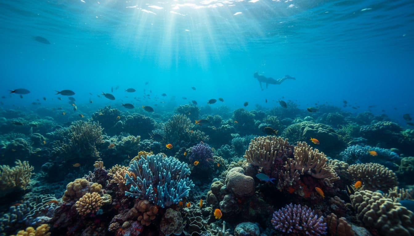 Vibrant coral reef with tropical fish and sunlight rays through clear water, snorkeler silhouette in distance.