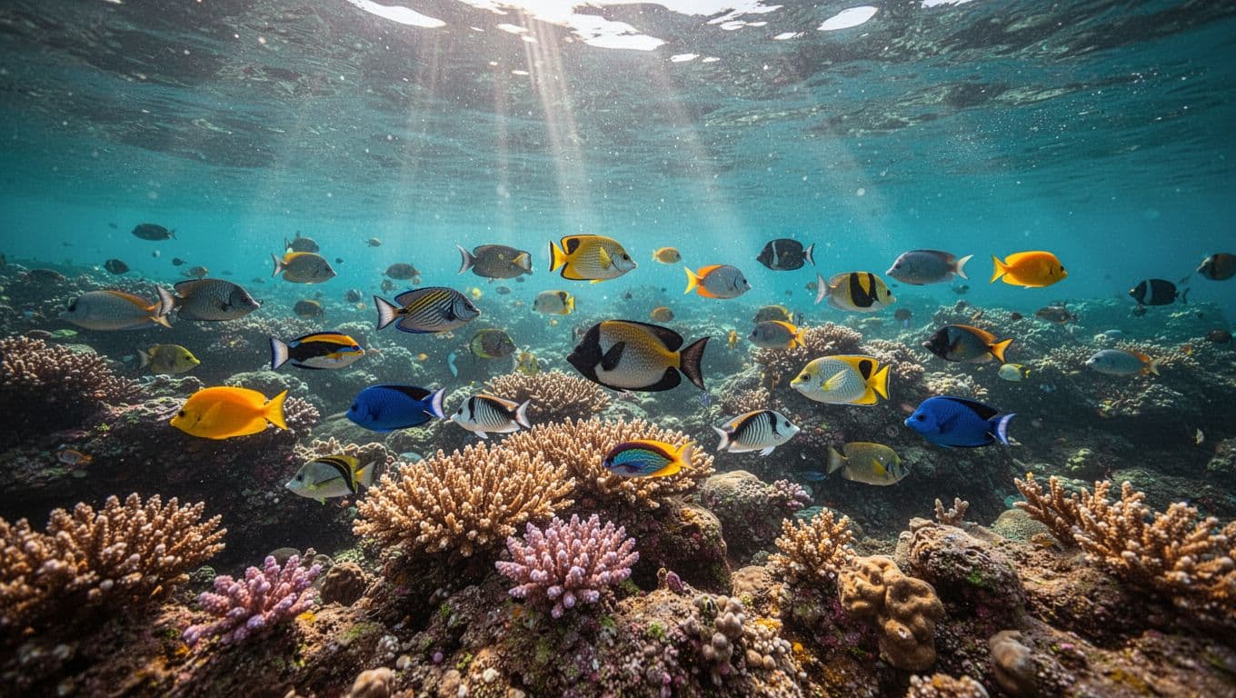 Tropical fish swim through clear turquoise water over a colorful coral reef in Kealakekua Bay.