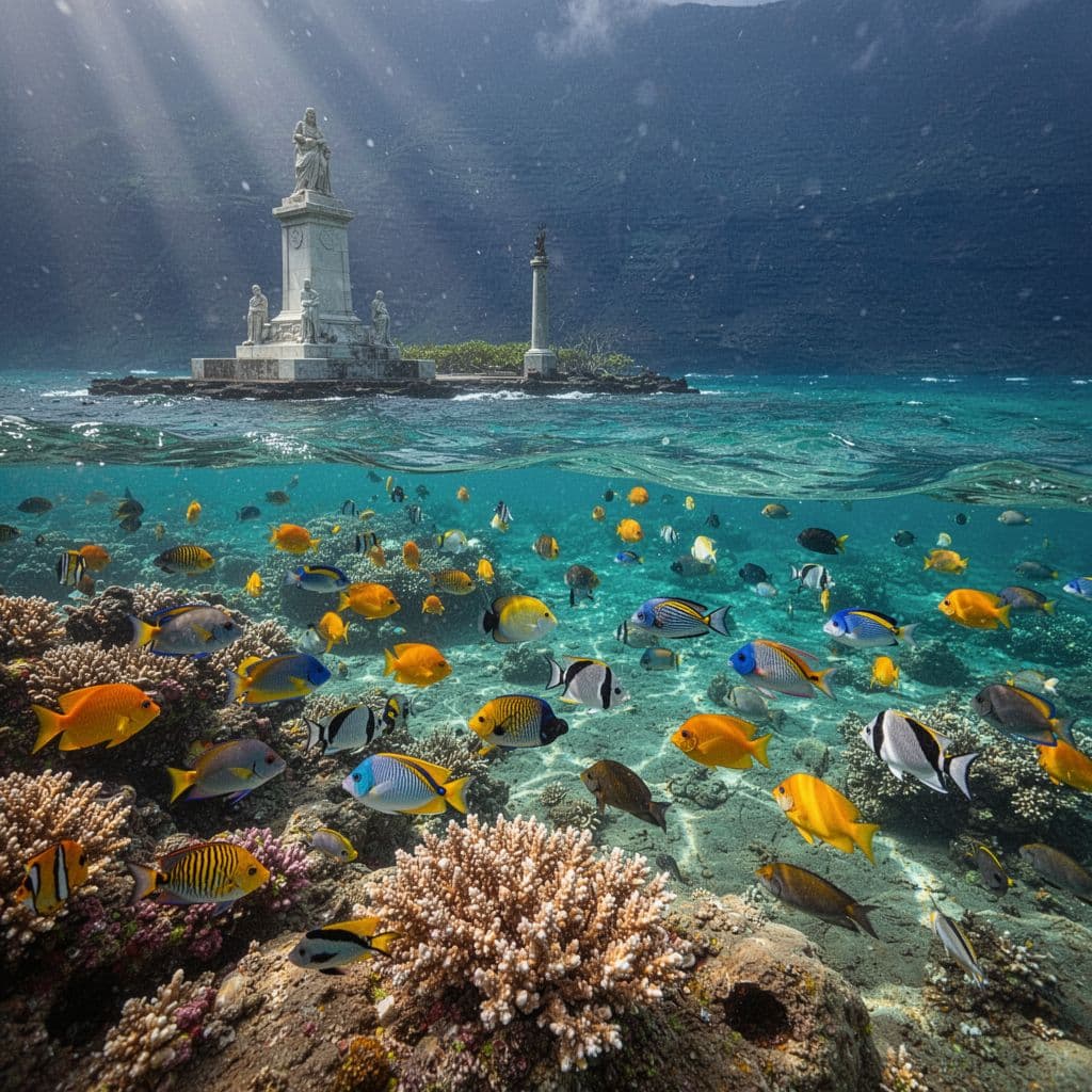 Vibrant tropical fish swim among colorful coral reefs beneath the clear turquoise waters of Kealakekua Bay.