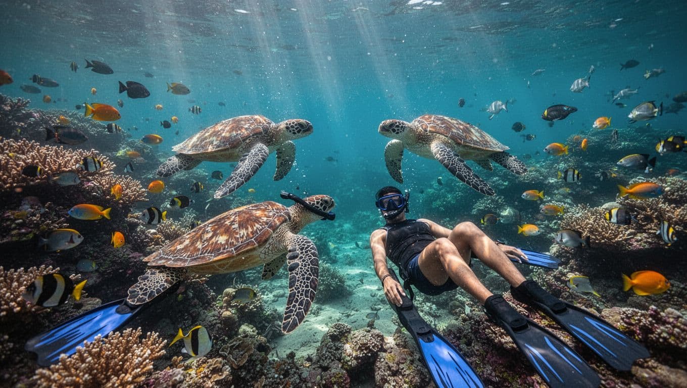 Vibrant coral reef teeming with colorful tropical fish and sea turtles in crystal-clear turquoise waters of Kealakekua Bay, Big Island Hawaii, with sunlight rays and two snorkelers.