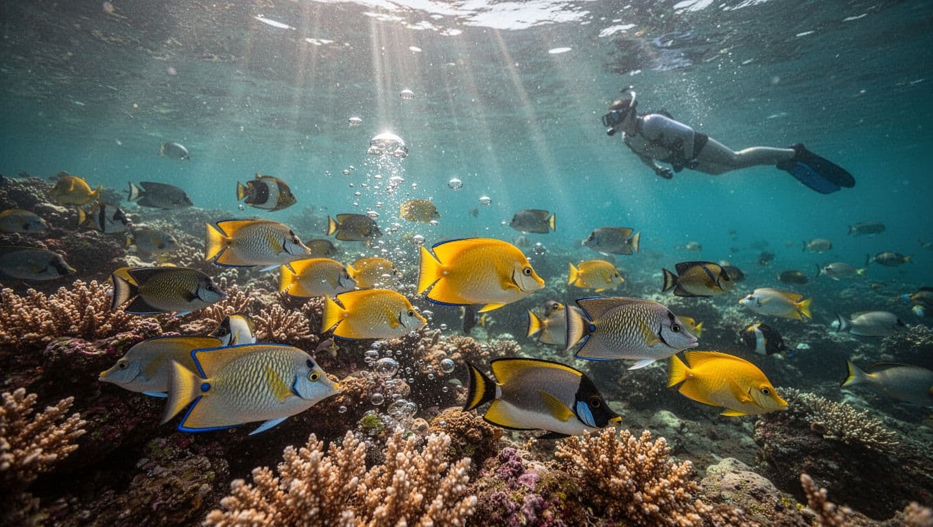 Sunlight rays through turquoise water light vibrant coral reef and schools of yellow tangs, convict tangs; distant snorkeler silhouette at surface.