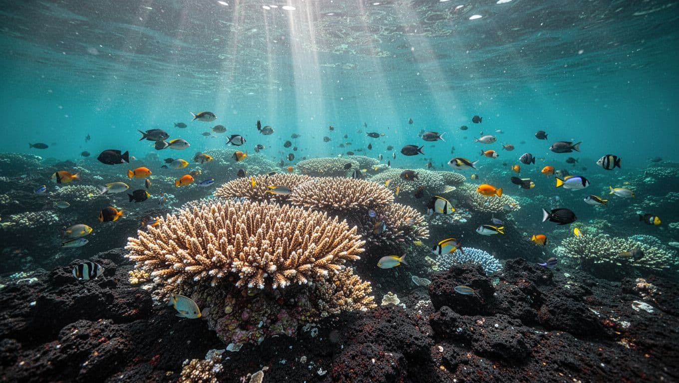 Schools of colorful tropical fish swim around healthy corals and lava rocks in the clear turquoise waters of Kealakekua Bay, Hawaii, with sunlight rays creating dramatic beams.