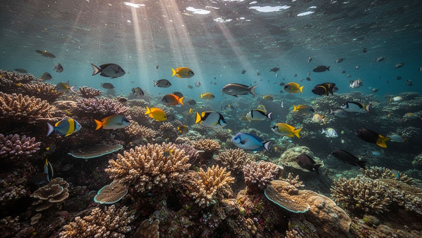 Underwater view of coral reef with tropical fish and sunbeams in clear water.