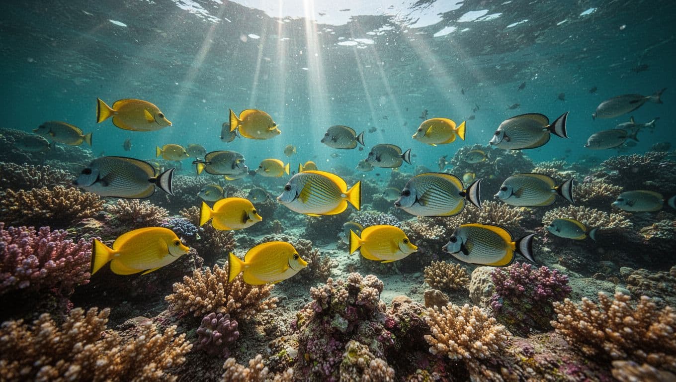 Wide-angle GoPro-style view of a vibrant coral reef teeming with schools of yellow tangs and surgeonfish in Kealakekua Bay shallows, sunlight filtering through water creating dramatic light beams.