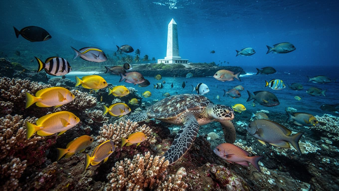 Stunning underwater view of a vibrant coral reef in Kealakekua Bay, Big Island, Hawaii, featuring schools of colorful tropical fish like yellow tangs, surgeonfish, parrotfish, and a swimming sea turtle, with the distant Captain Cook Monument visible under dramatic blue lighting.
