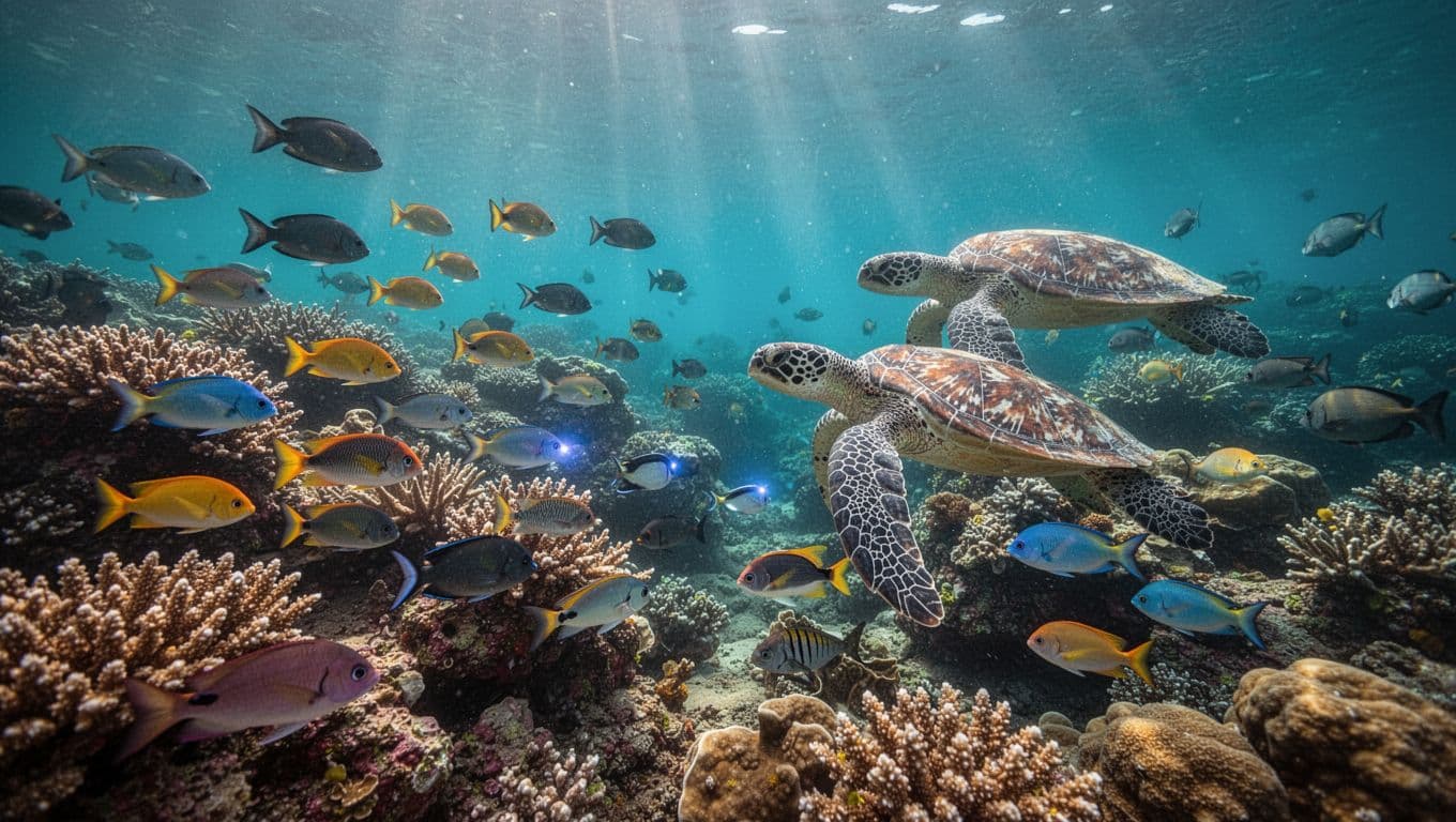 Vibrant underwater coral reef scene in Kealakekua Bay, Big Island Hawaii, with colorful tropical fish schooling around healthy corals and a sea turtle gliding by, sunlight filtering through turquoise water.