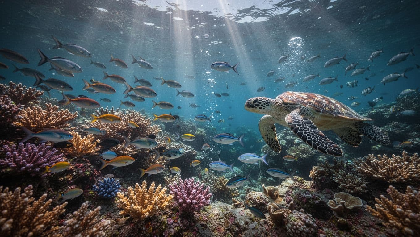 Colorful coral reef with schools of tropical fish and swimming sea turtle, sunlight rays from surface.
