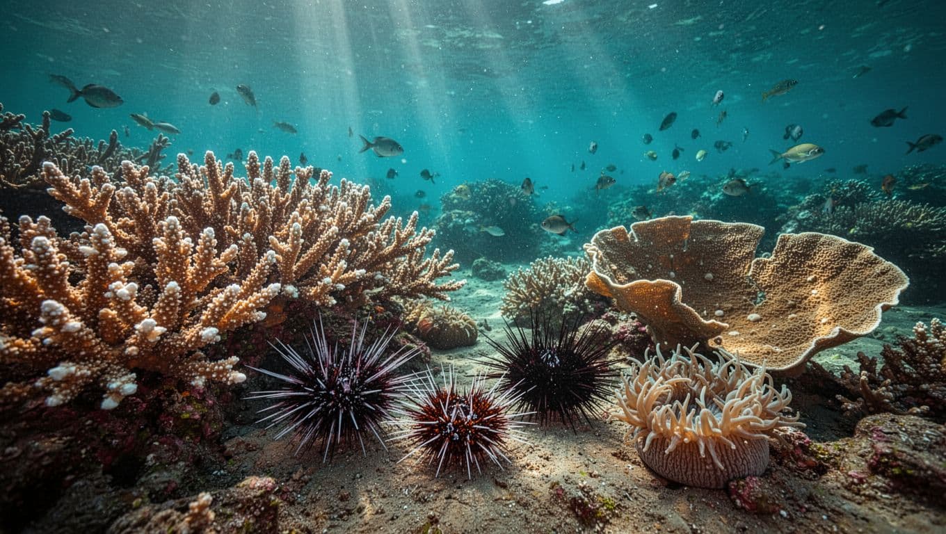 Vibrant underwater scene in Kealakekua Bay showing branching and fan corals, two sea urchins, one anemone, and small fish in clear turquoise water with dramatic sunlight shafts.