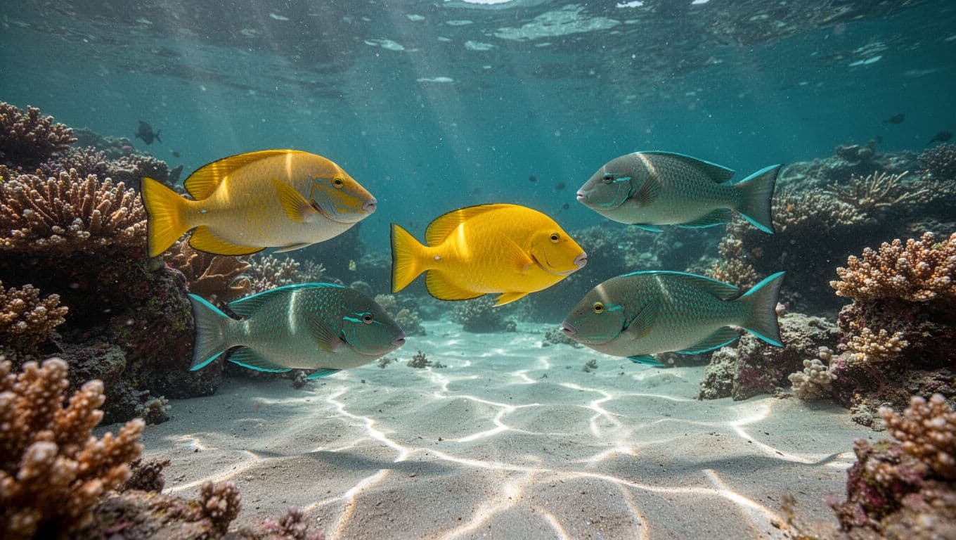 Turquoise waters with coral reefs, three tropical fish, and sunlight rays on ocean floor.