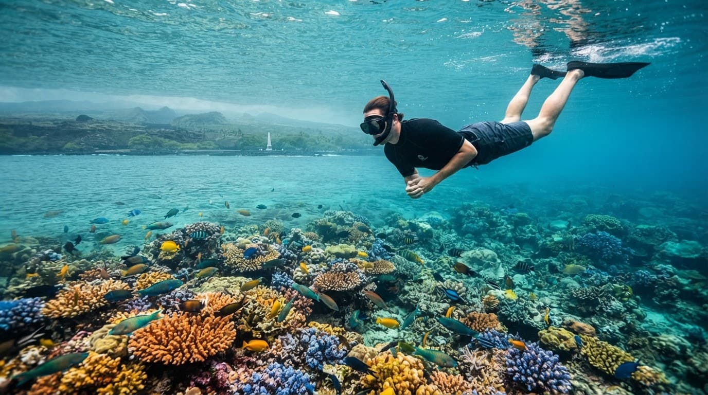 A snorkeler floats above a colorful coral reef in clear Hawaiian water.