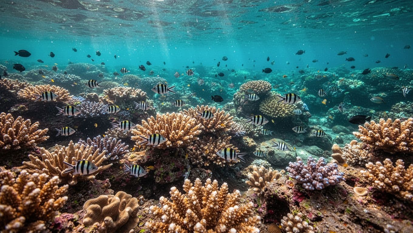 Striped Hawaiian damselfish swim around colorful coral in clear turquoise water.