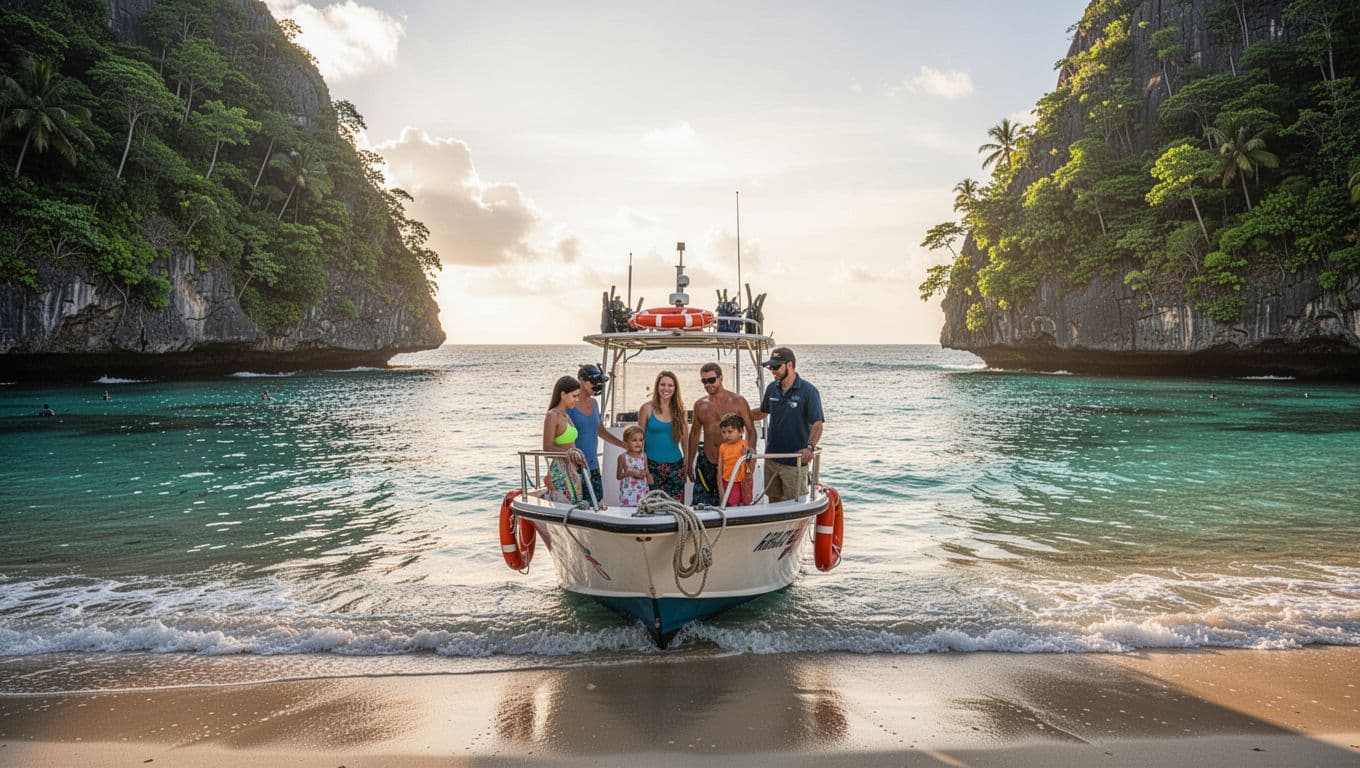 Calm boat anchored in Kealakekua Bay with a small family group of five including guides boarding for a snorkel tour, surrounded by lush green cliffs, ocean horizon, sunny day with soft waves, and visible safety gear.