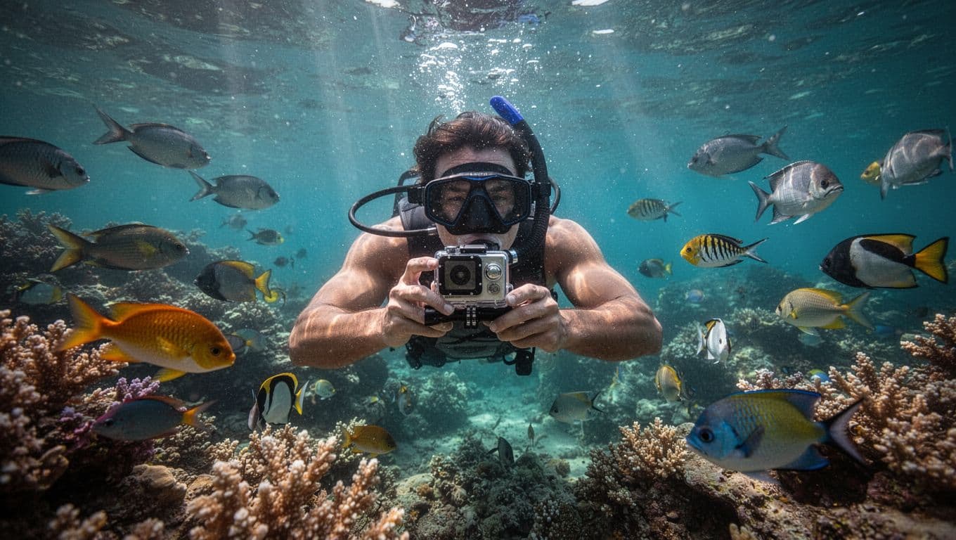 A snorkeler underwater in crystal-clear turquoise waters of Kealakekua Bay, Hawaii, holding a GoPro camera capturing schools of colorful tropical fish and vibrant coral reefs with sunlight rays piercing from the surface.