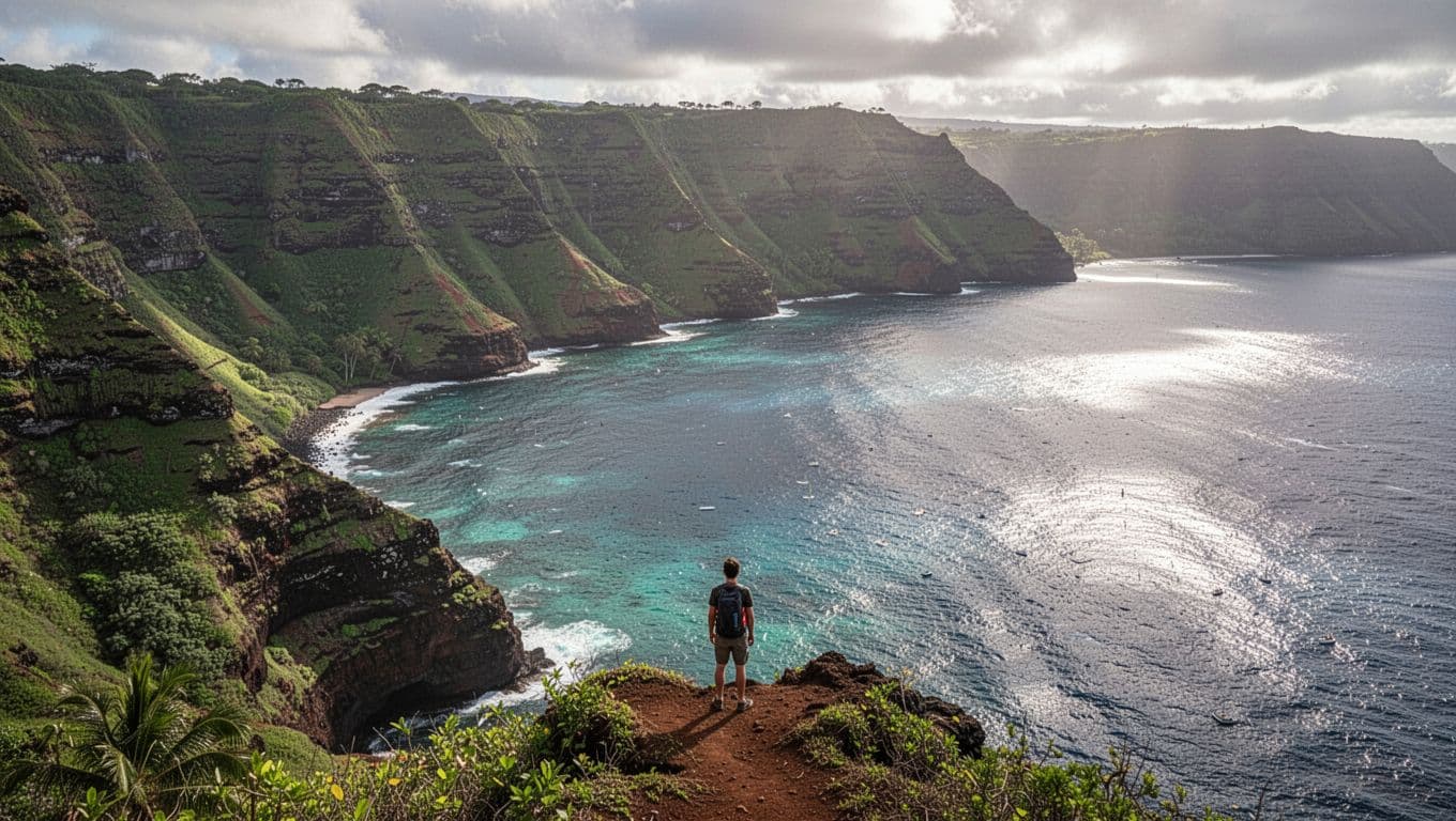Panoramic view of lush green cliffs rising above deep blue waters in Kealakekua Bay.