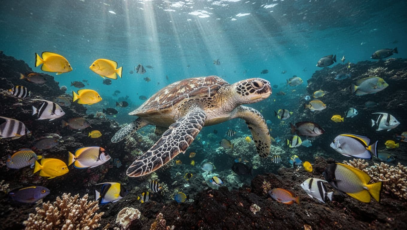 Green sea turtles swim gracefully near colorful coral reefs teeming with schools of tropical reef fish in clear turquoise waters of Kealakekua Bay, Big Island, Hawaii, with dramatic sunlight rays.