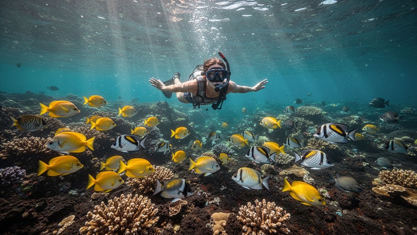 Underwater scene in Kealakekua Bay Hawaii showcasing colorful coral reef volcanic bottom schools of yellow tangs convict tangs crystal-clear water sunlight rays one relaxed snorkeler cinematic lighting.