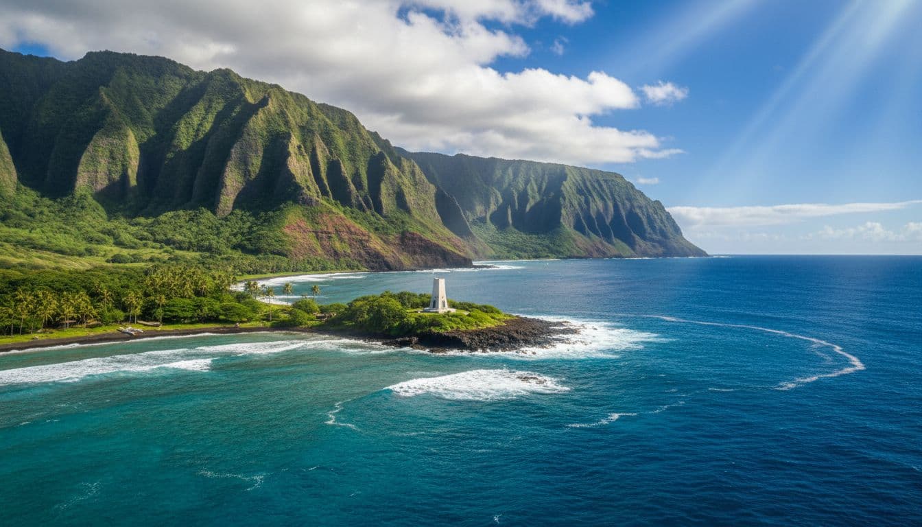 A panoramic view of the sparkling blue waters and lush coastline at Kealakekua Bay.