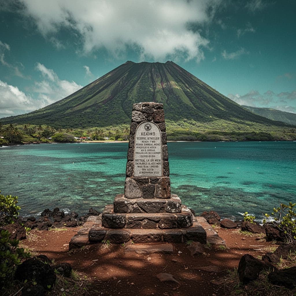 Crystal clear turquoise water meets lush green mountains at Kealakekua Bay with the Captain Cook Monument.