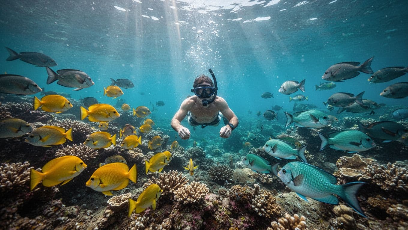 Crystal clear turquoise waters of Kealakekua Bay Hawaii showcase vibrant coral reefs teeming with tropical fish like yellow tangs parrotfish and surgeonfish while a snorkeler observes amid dramatic god rays.