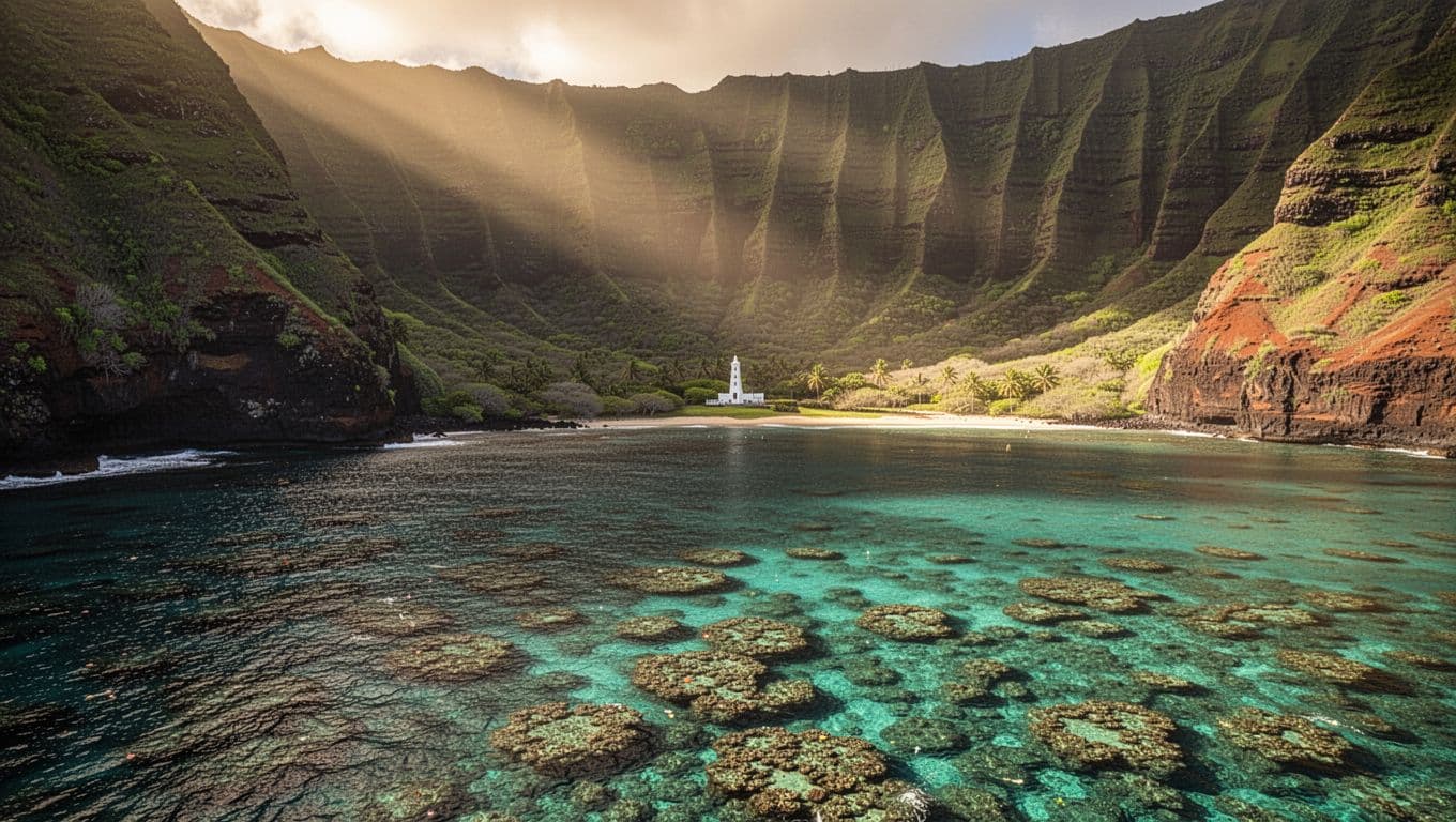Wide landscape view of Kealakekua Bay on Big Island Hawaii featuring calm turquoise waters with visible coral reefs, towering green volcanic cliffs, and the distant Captain Cook Monument, lit by golden hour sunlight.