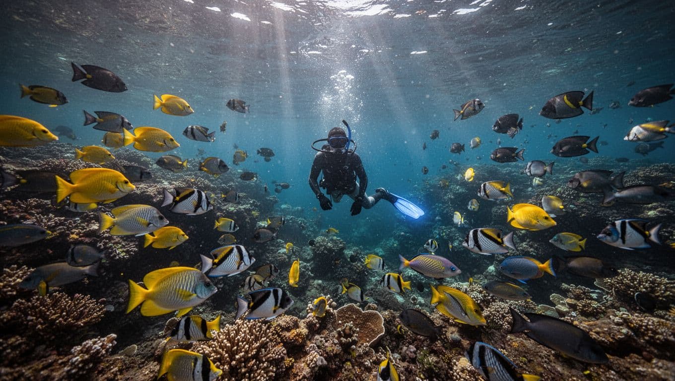 Cinematic underwater view in Kealakekua Bay Big Island Hawaii showcasing vibrant coral reefs schools of colorful tropical fish like yellow tangs convict tangs and humuhumunukunukuapuaa with sunlight rays filtering through and one snorkeler silhouette.