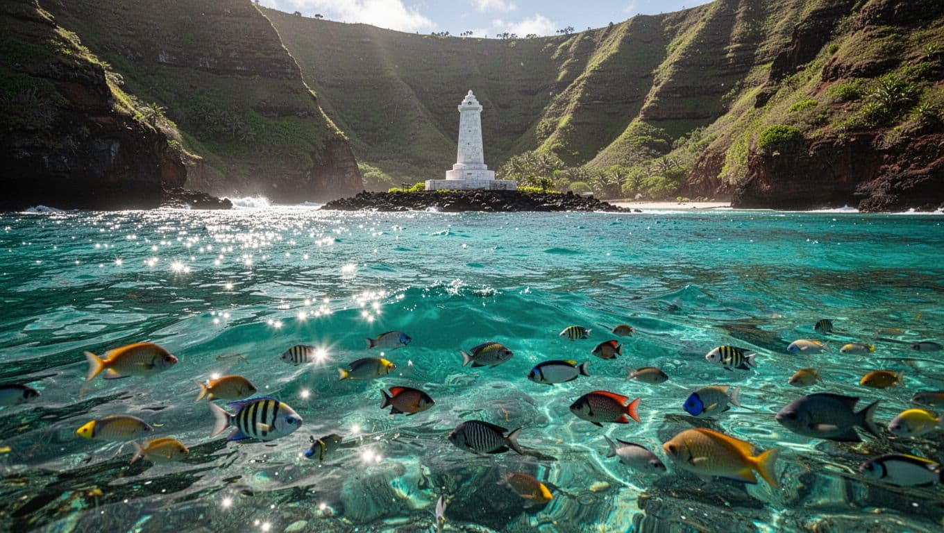 Tropical fish swim beneath the glassy turquoise surface of Kealakekua Bay. The historic Captain Cook Monument stands against rugged, lush green cliffs in the distance under a bright tropical sun.