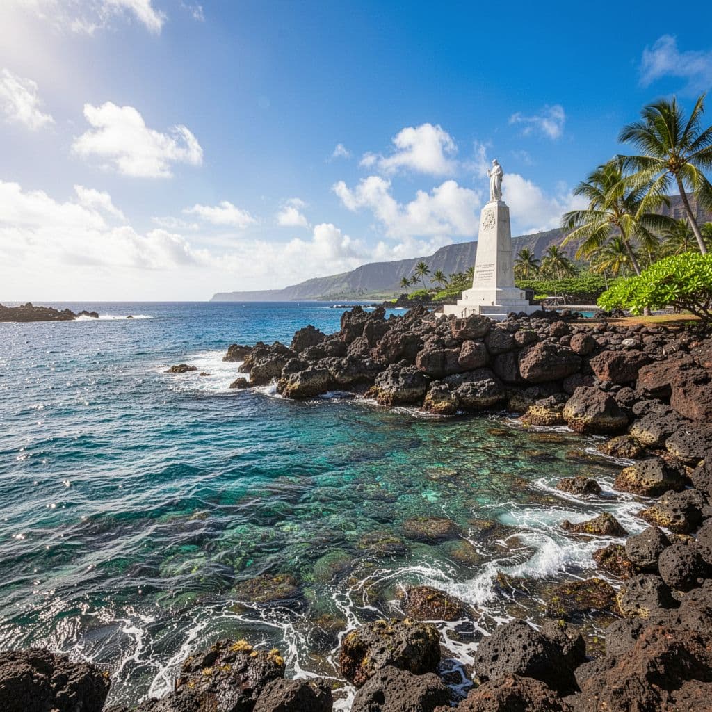 Bright blue tropical water ripples gently against the rocky shoreline of Kealakekua Bay. In the background, the white Captain Cook Monument stands prominently against a lush green hillside under a sunny sky.