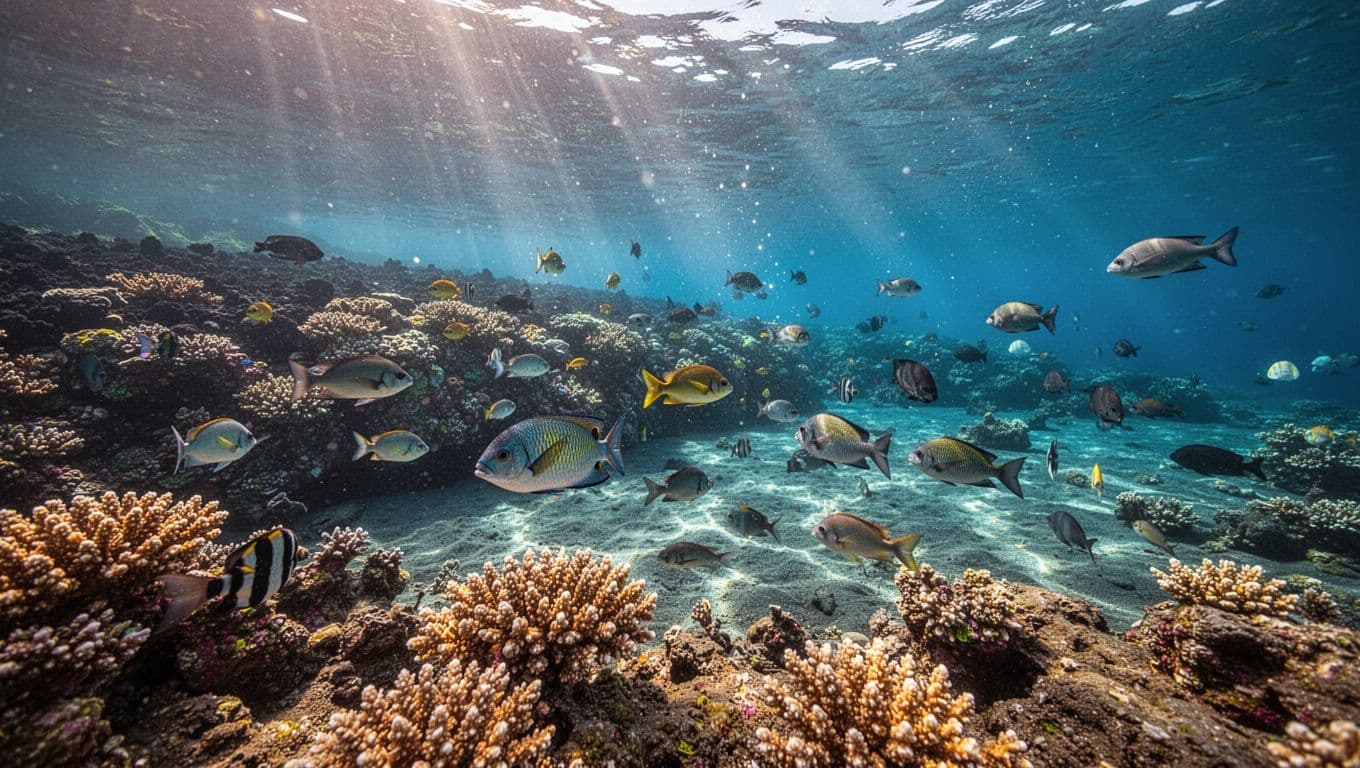 Native reef fish swim above colorful coral in clear blue water.