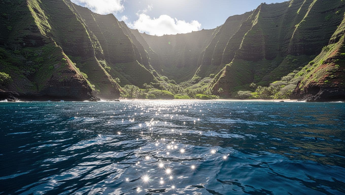 Sunlight reflects off the deep blue waters of Kealakekua Bay, framed by towering green volcanic cliffs.
