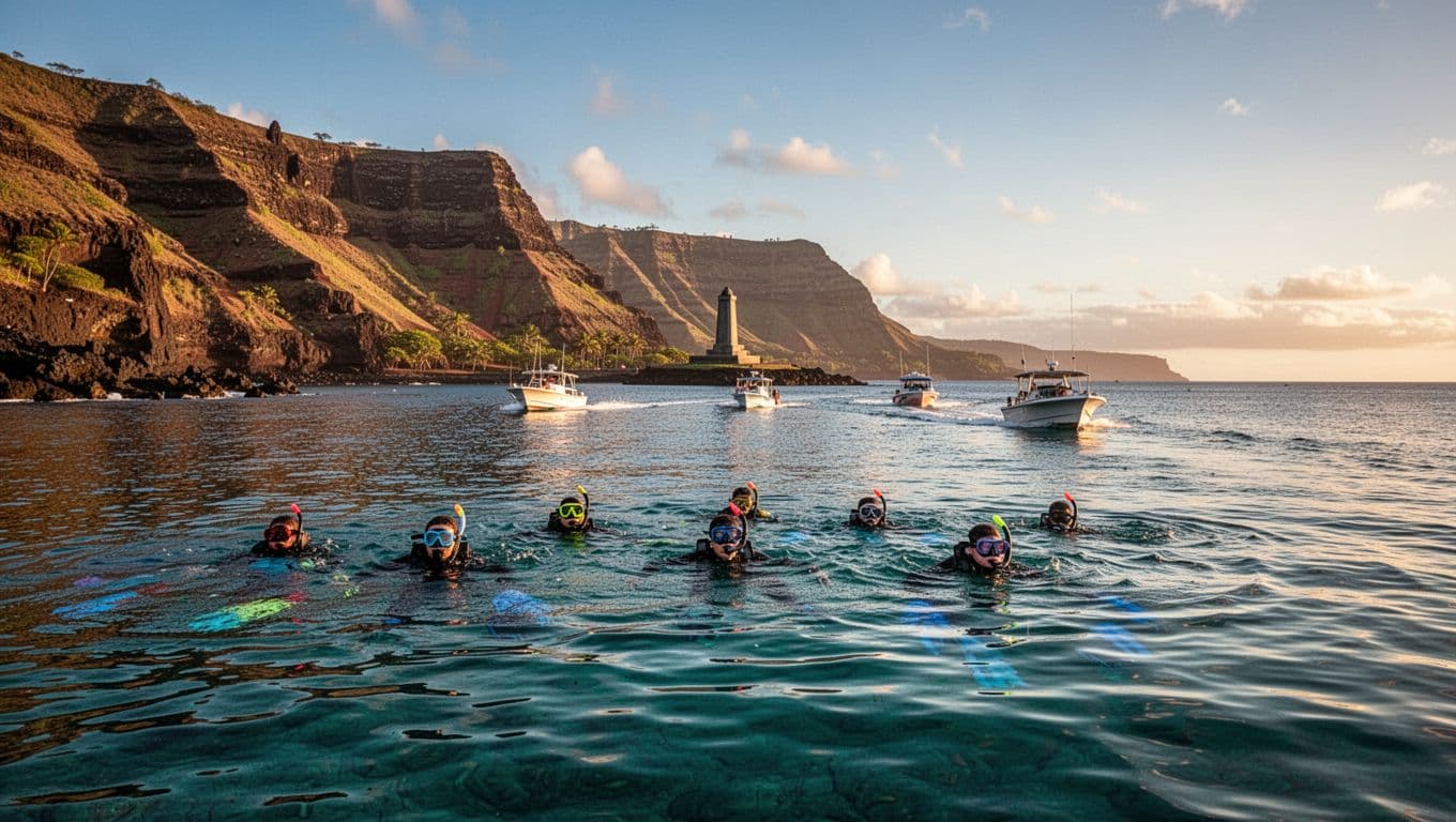 Late afternoon in Kealakekua Bay, Big Island Hawaii, shows fewer snorkelers in calm turquoise waters with golden hour light casting dramatic shadows on cliffs and monument.